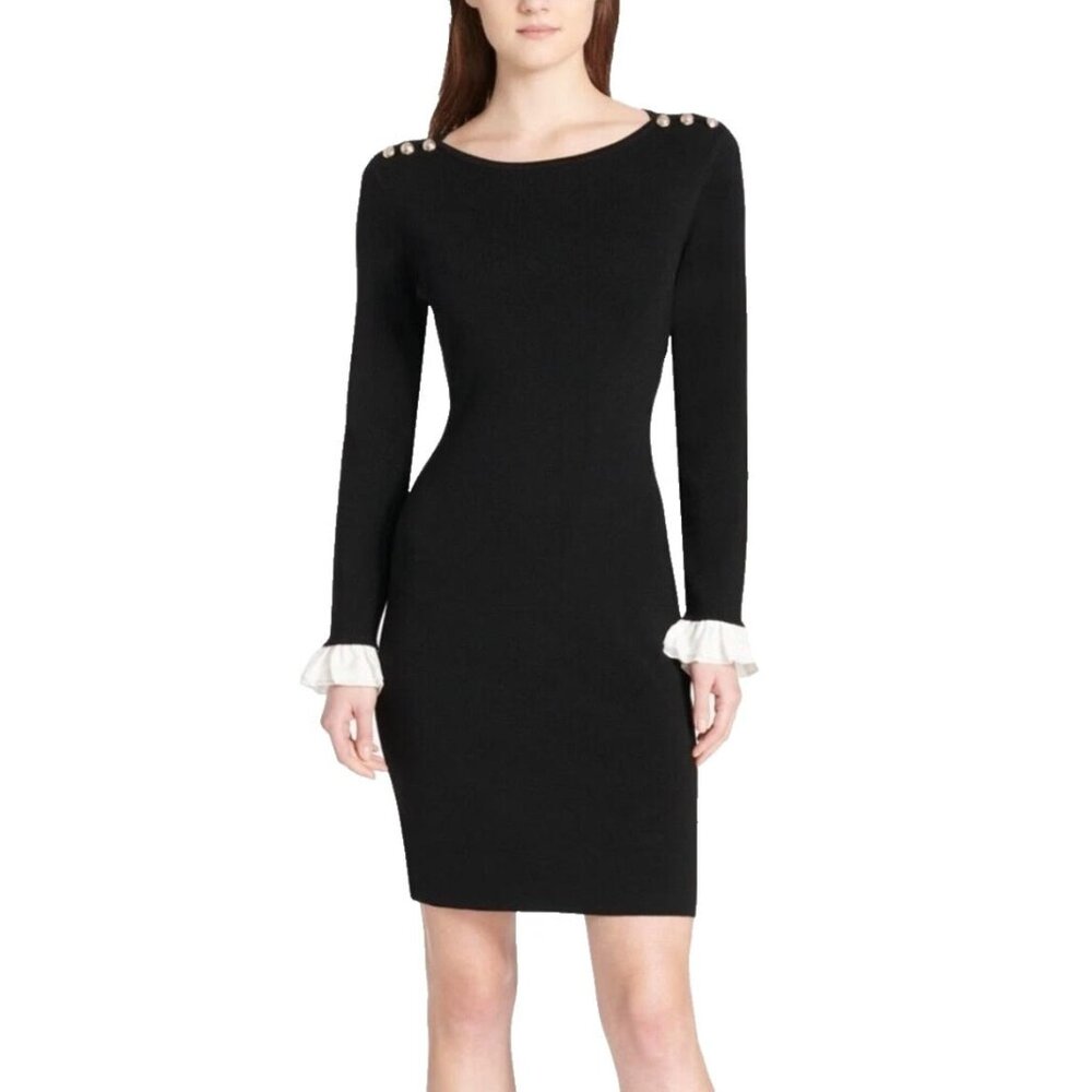 Tommy Hilfiger Black Sweater Dress Gold Shoulder Buttons Ruffle Cuff Size M